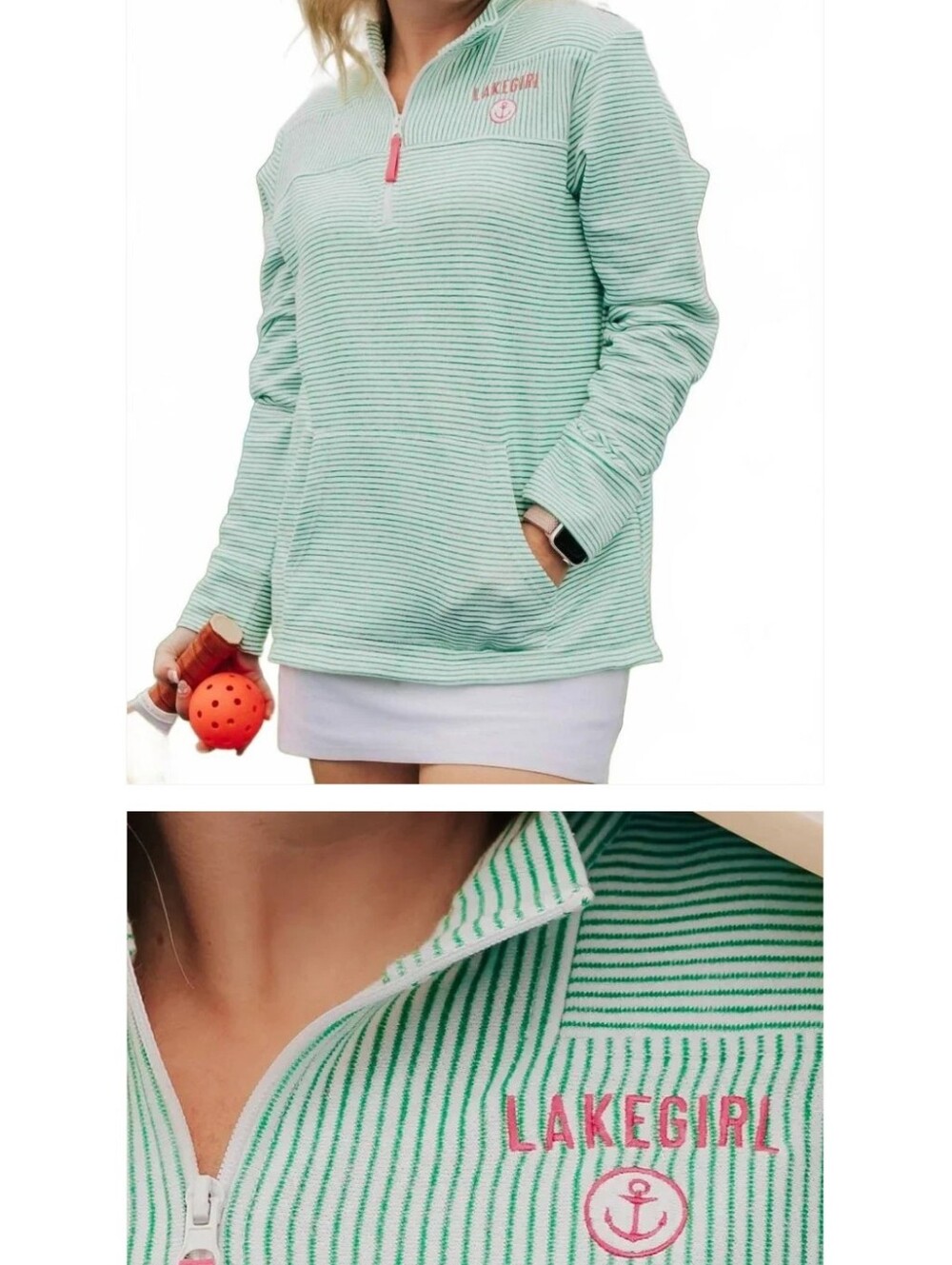 Lakegirl Mint & White Striped Quarter-Zip Pullover